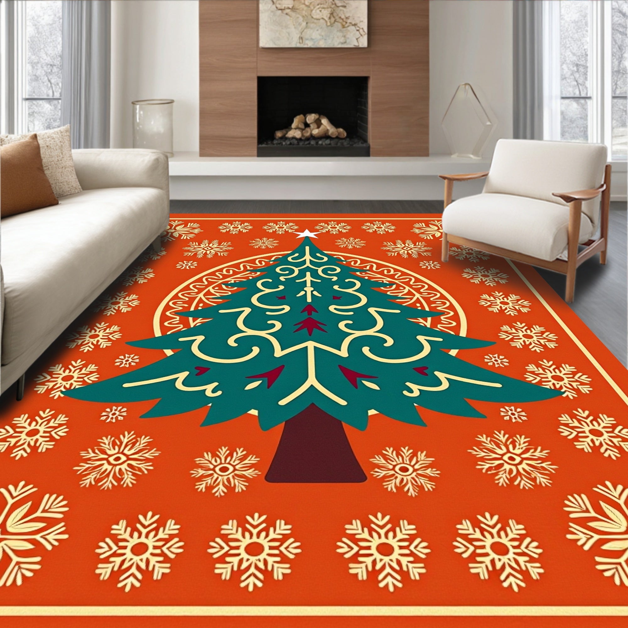 Festive Tree Snowflake Pattern Rug