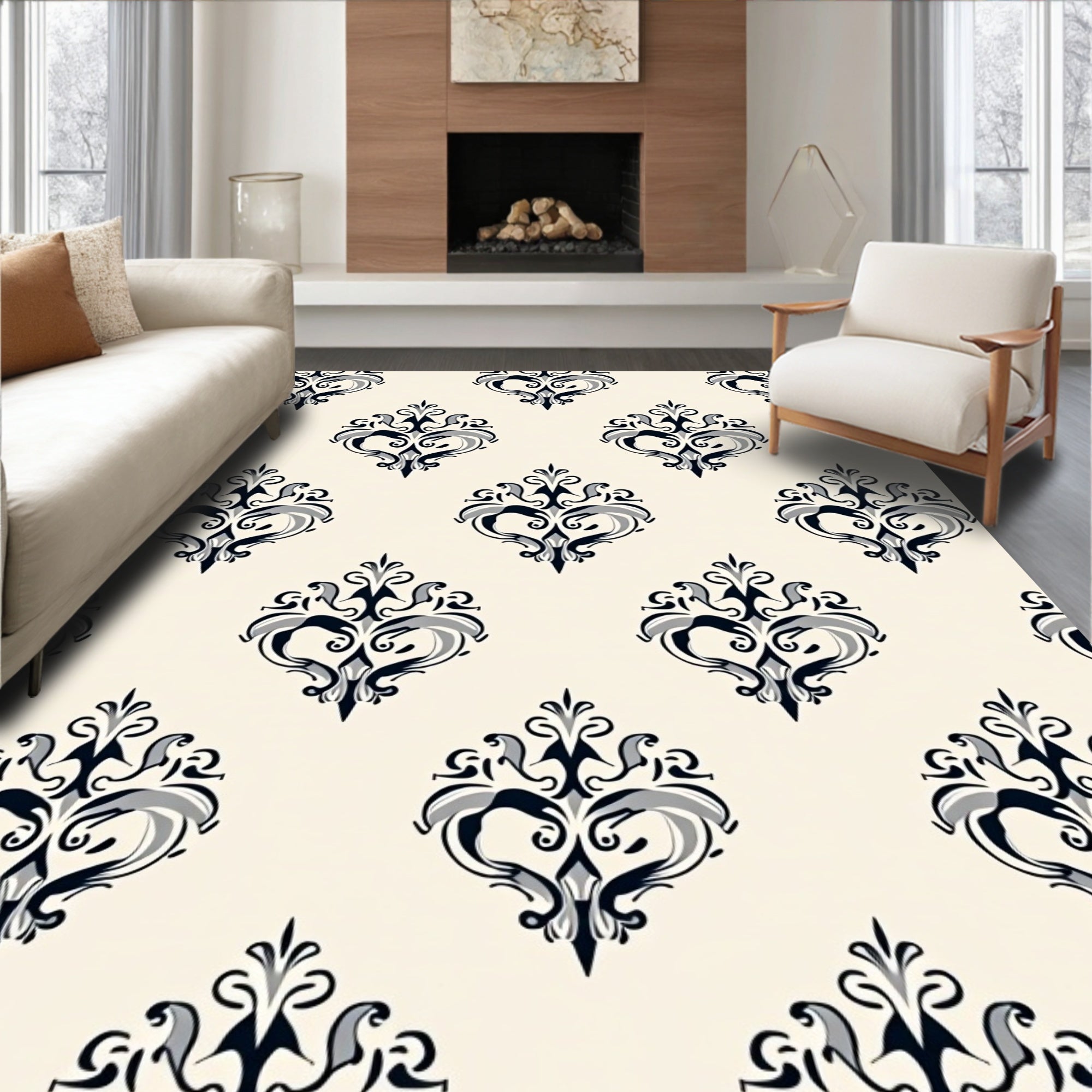 Black Gray Scrollwork Classic Pattern Rug