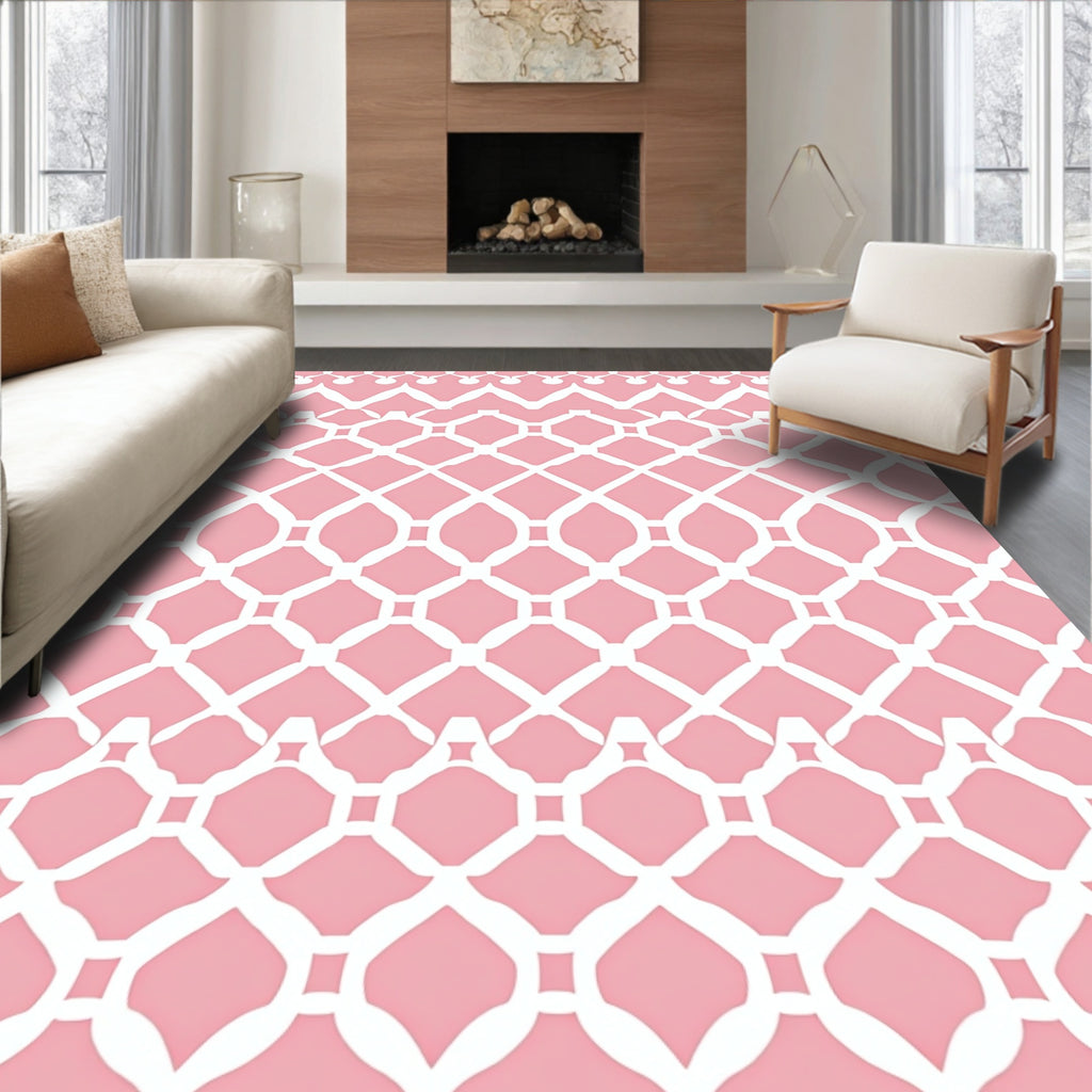 Pink White Lattice Geometric Pattern Rug