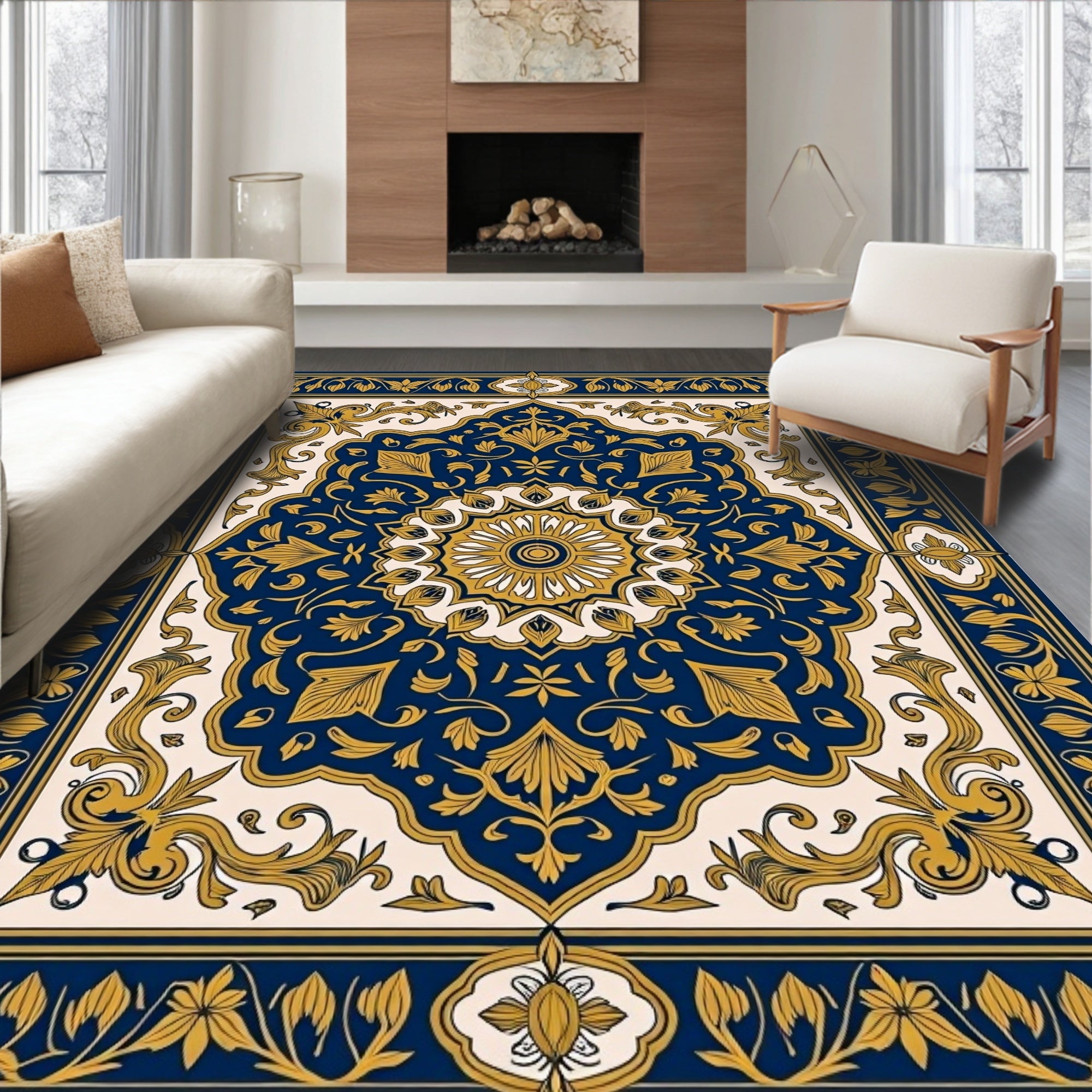 Golden Navy Floral Medallion Design Rug