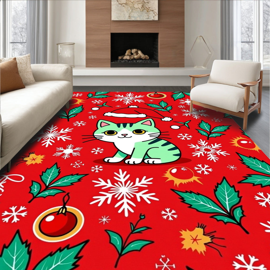 Cute Teal Cat Snowflakes Holiday Pattern Rug