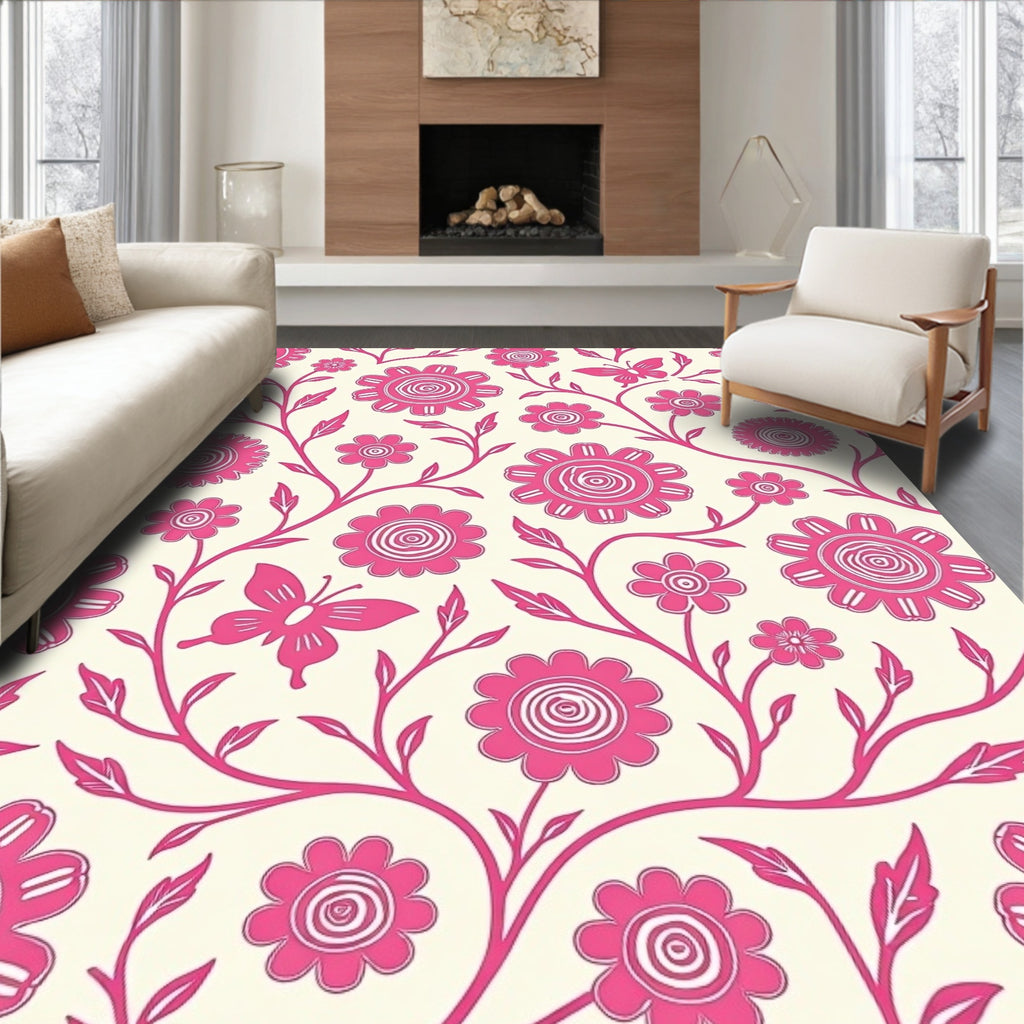 Whimsical Pink Floral Butterfly Pattern Rug