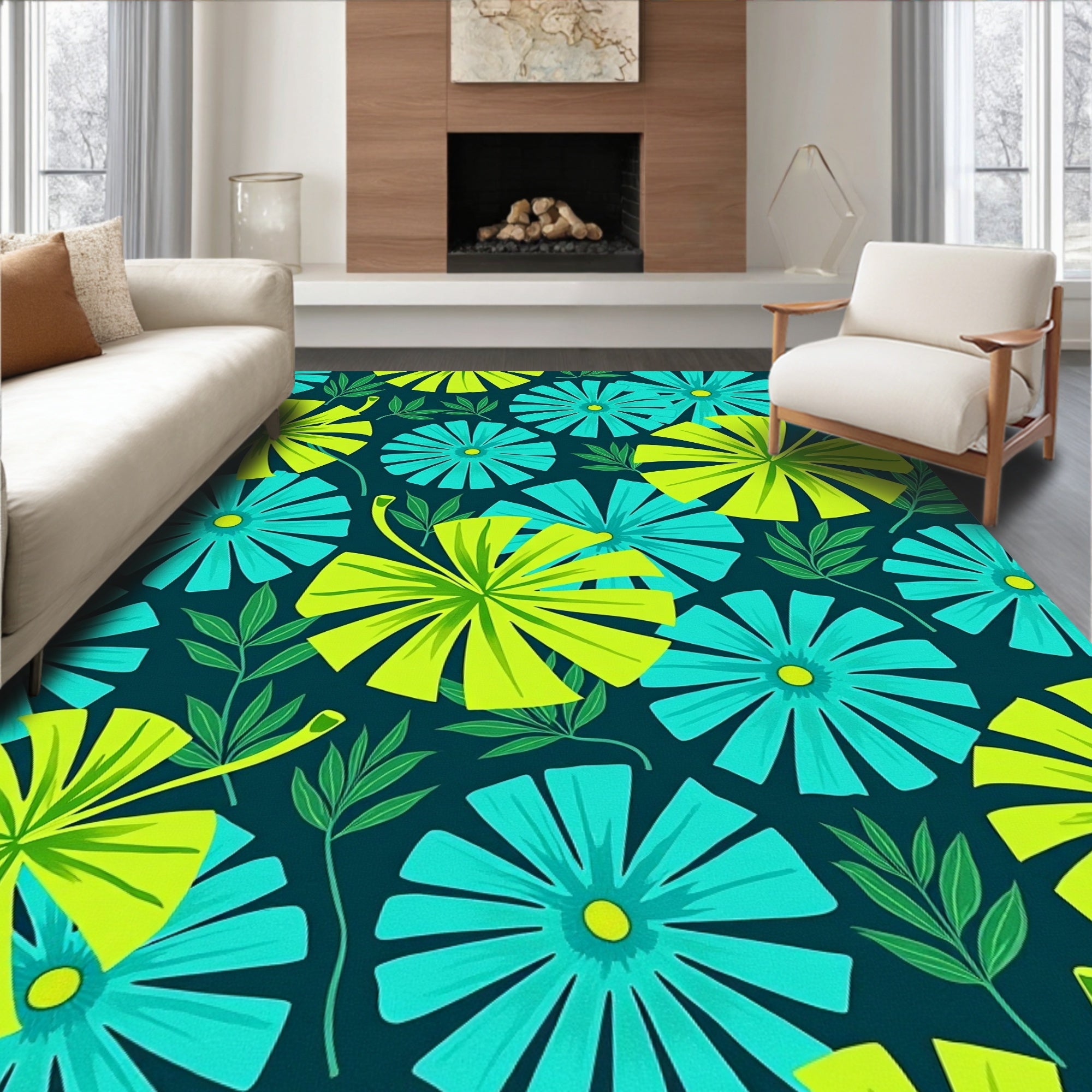 Tropical Teal Yellow Petal Bloom Rug