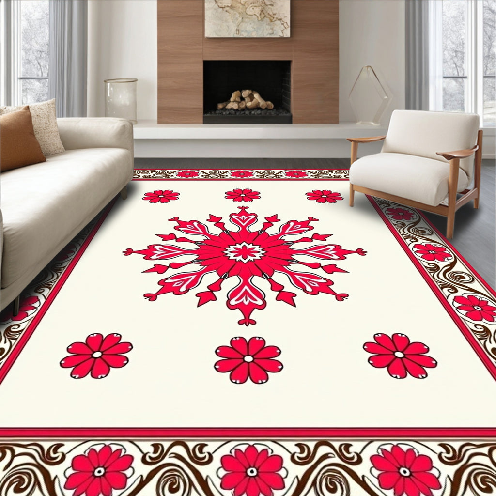 Red White Floral Snowflake Pattern Rug