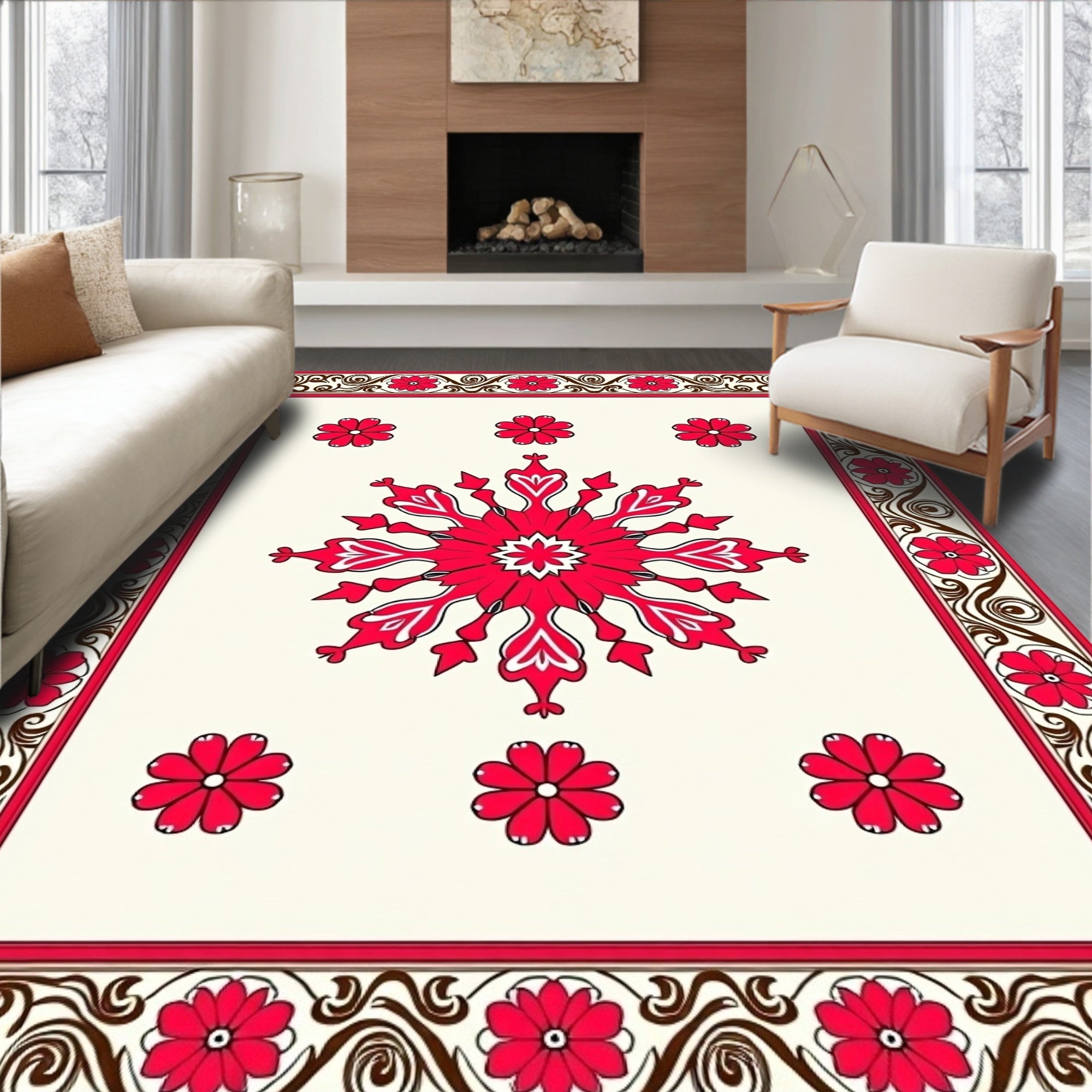 Red White Floral Snowflake Pattern Rug