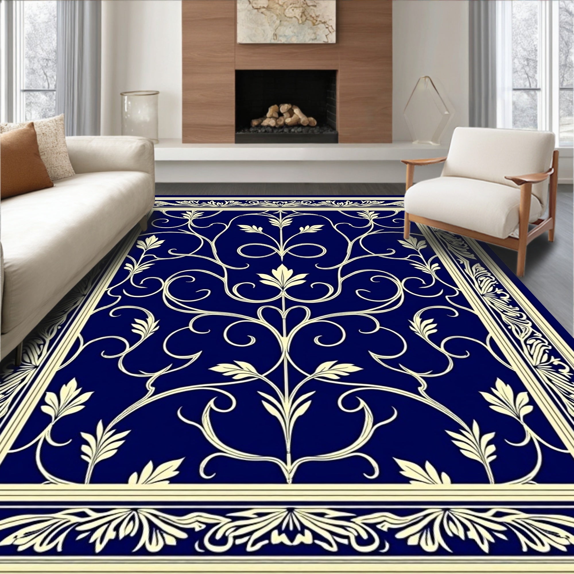 Ornate Blue Cream Floral Vine Rug
