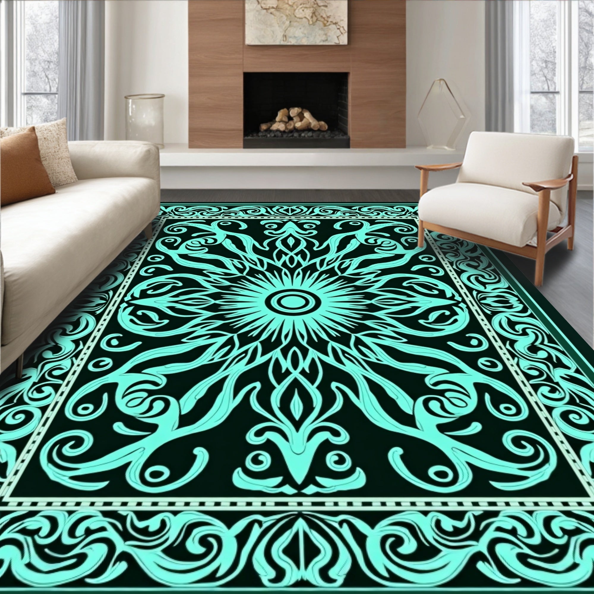Ornate Teal Sunburst Pattern Design Rug