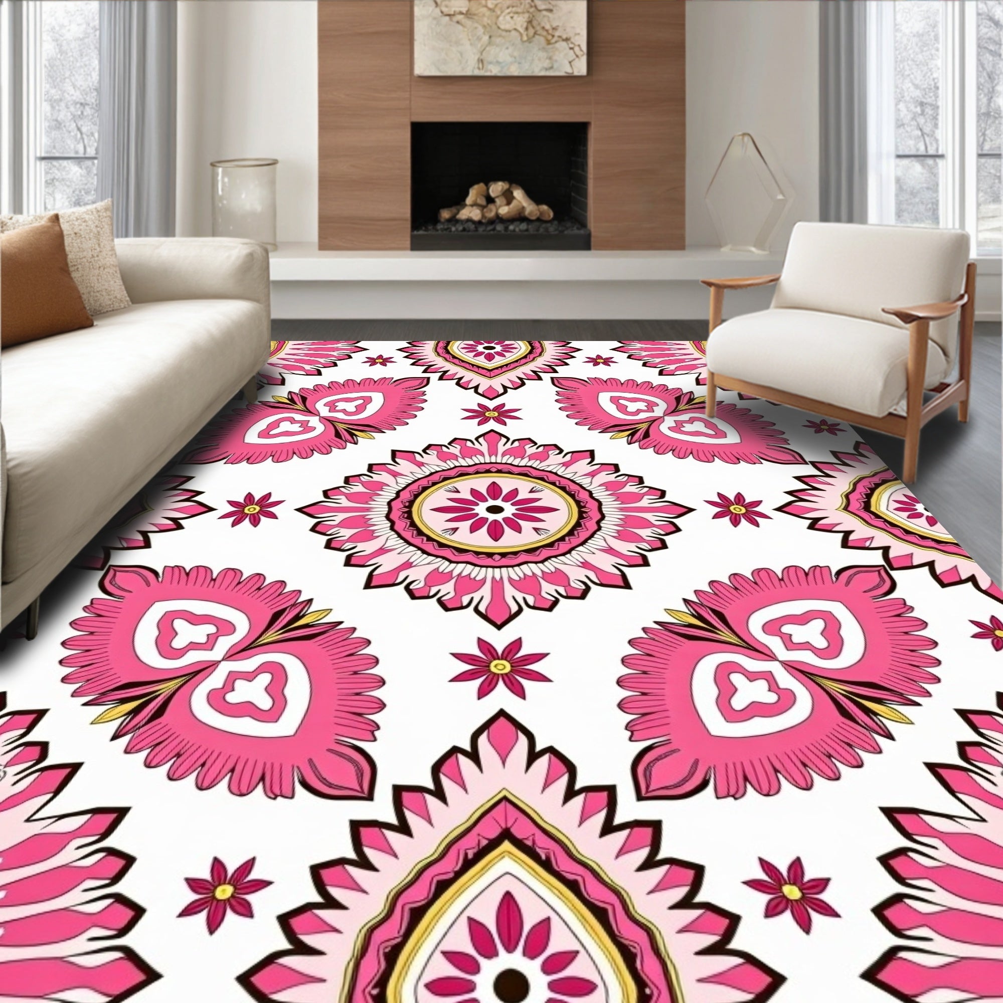 Pink Floral Sunburst Mandala Pattern Rug