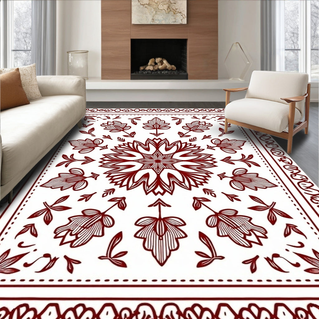 Drawn Floral Mandala With Border Design Rug