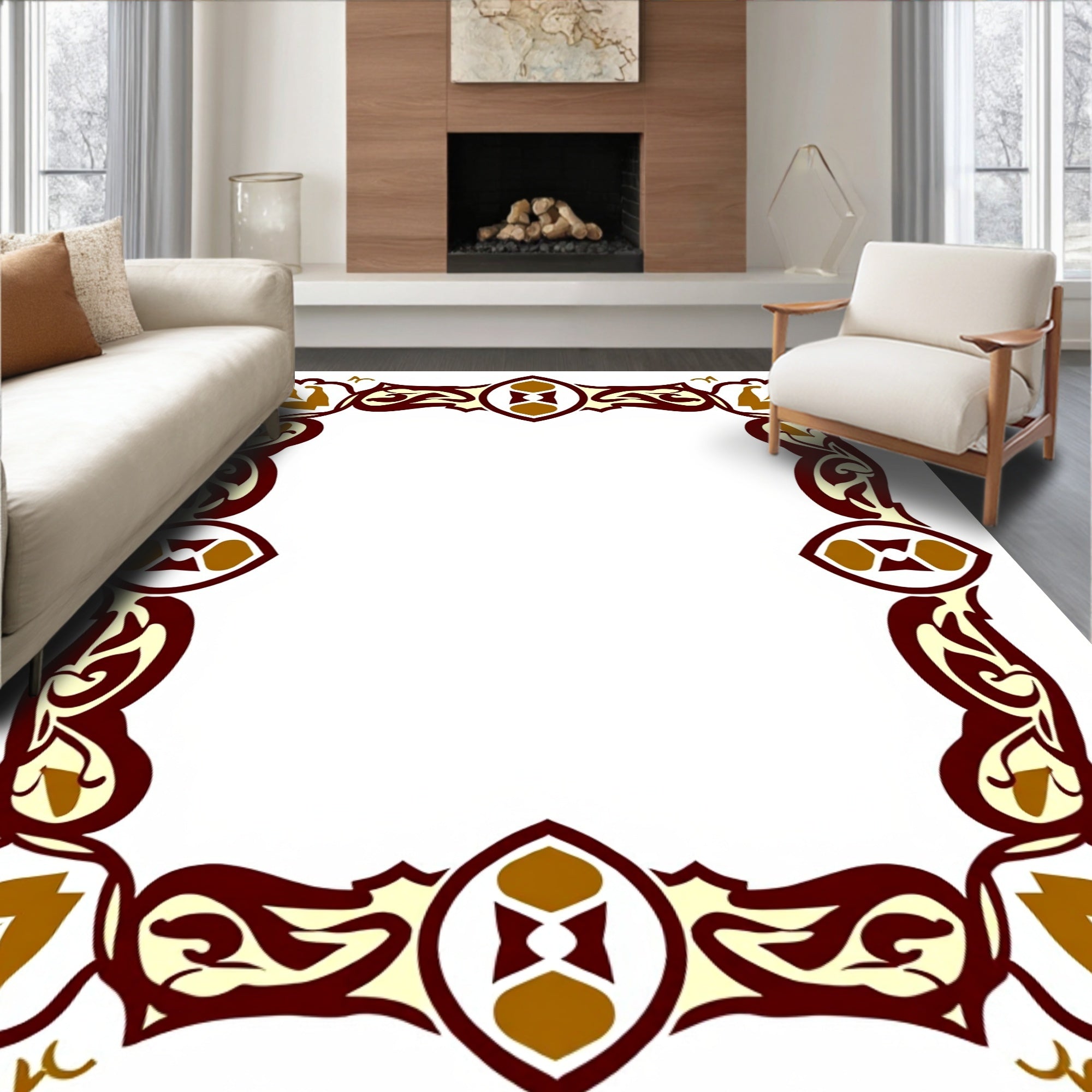 Ornate Floral Patterned Border Rug