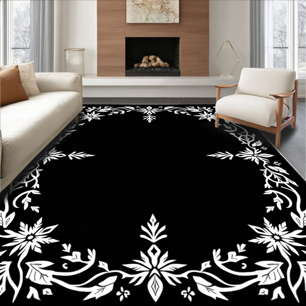 White Floral Vine Border Black Rug