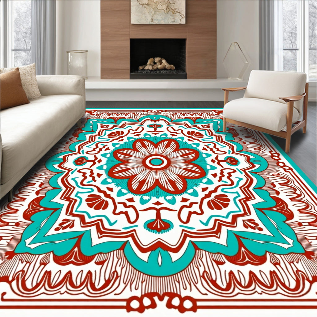 Ornate Red Teal Mandala Design Rug