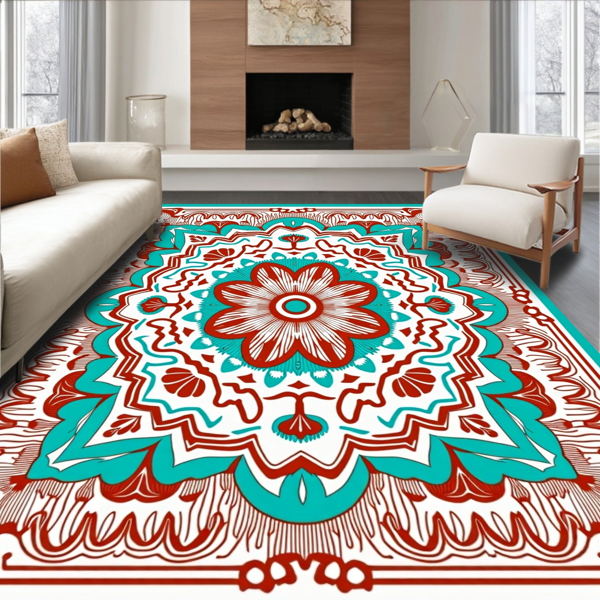 Ornate Red Teal Mandala Design Rug