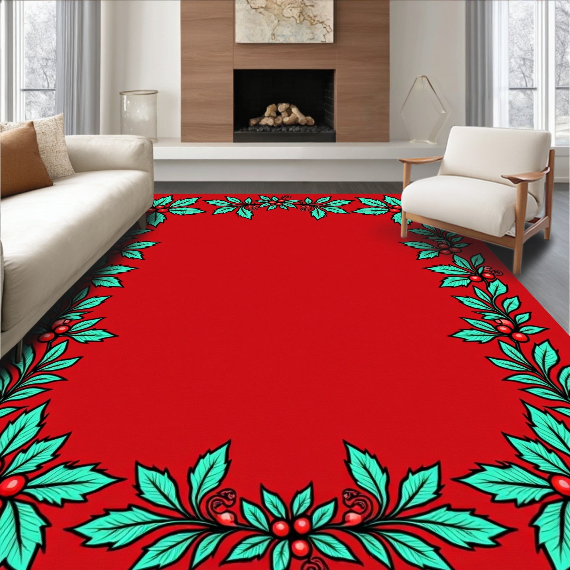 Festive Green Holly Red Berry Frame Rug