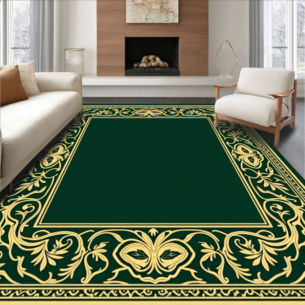 Elaborate Golden Floral Scroll Border Rug