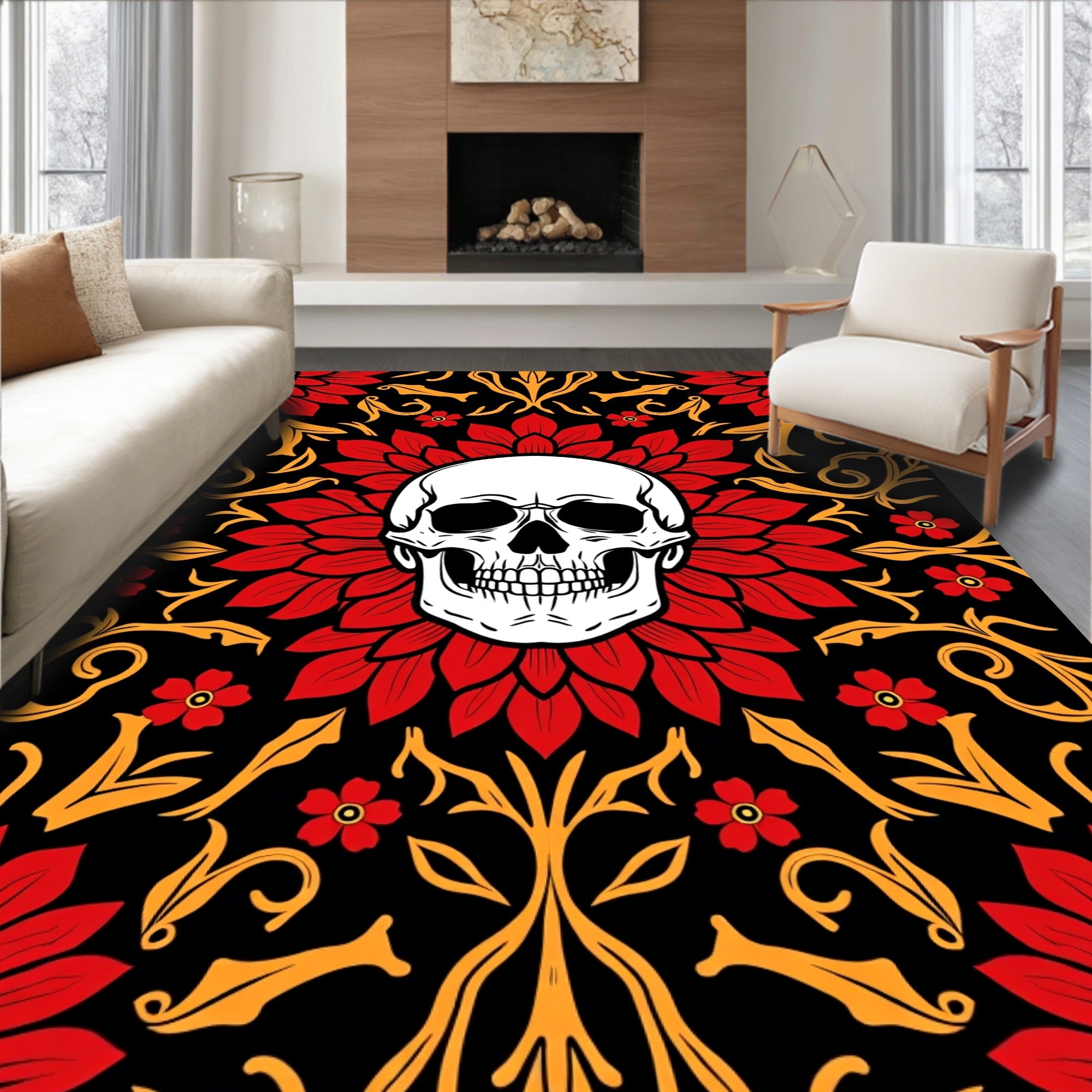 Red Floral Skull Pattern Rug