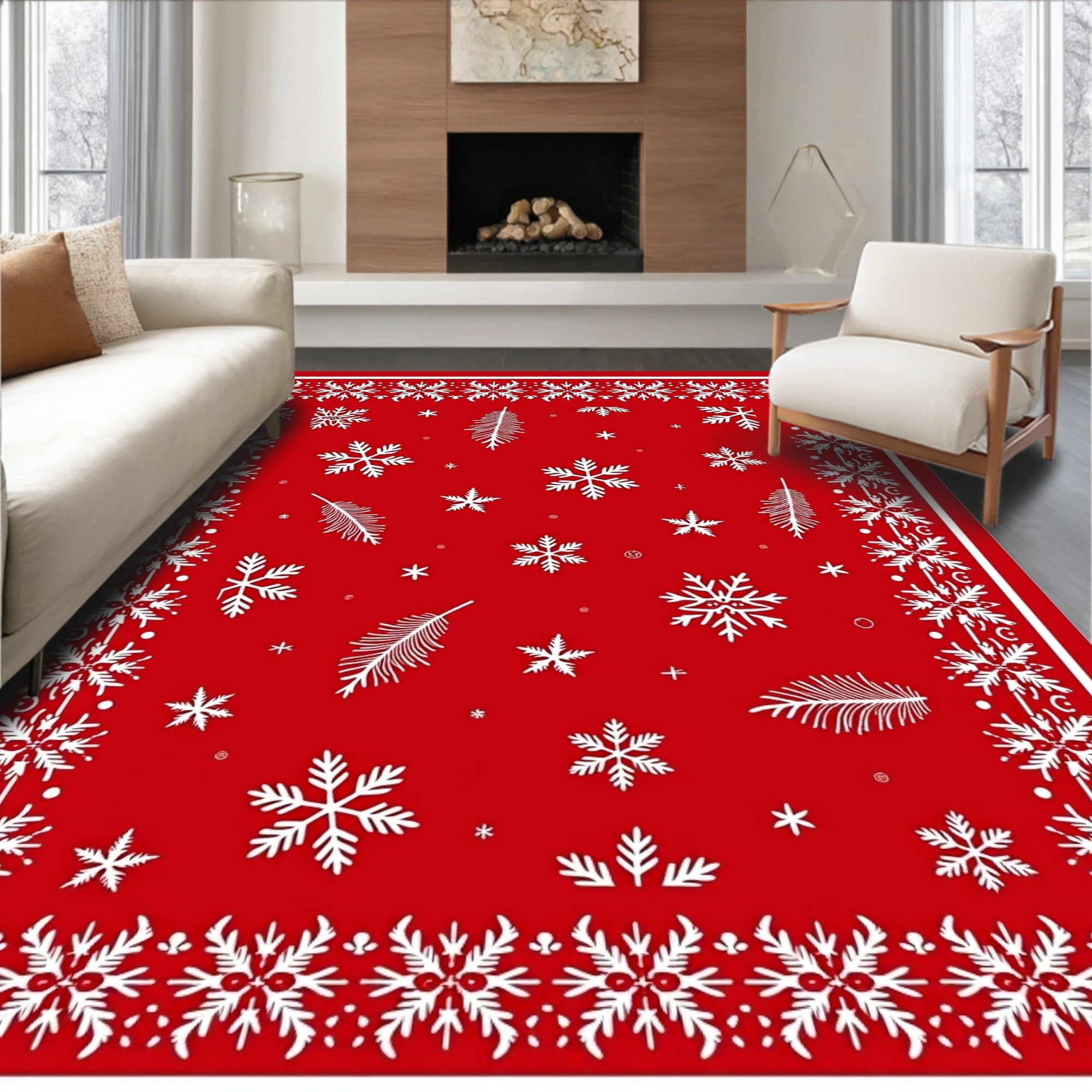 Red Snowflake Pine Branch Medley Rug