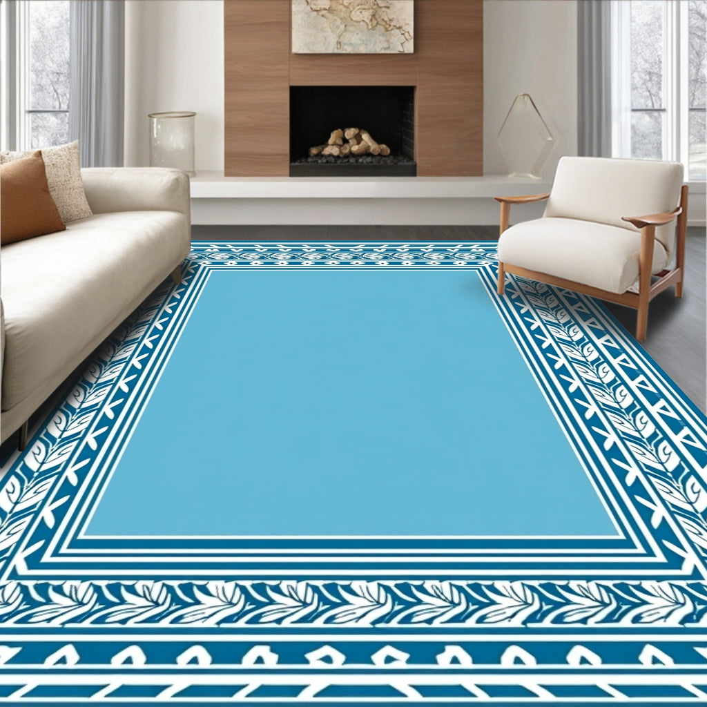 Classic Blue Leaf Pattern Border Rug