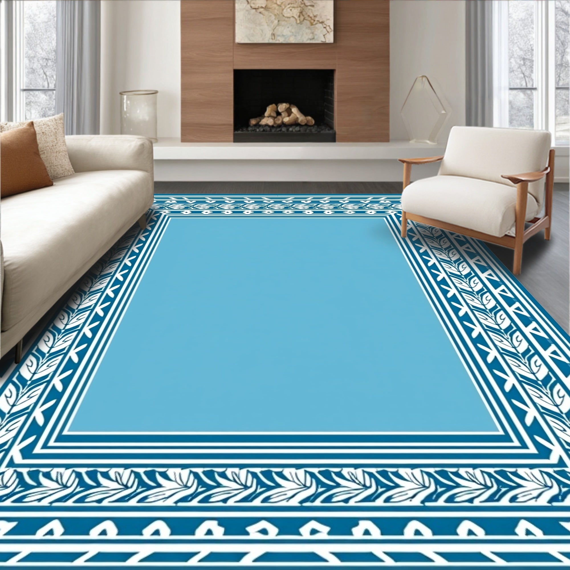 Classic Blue Leaf Pattern Border Rug