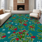 Festive Green Pine Branch Red Berry Pattern Rug