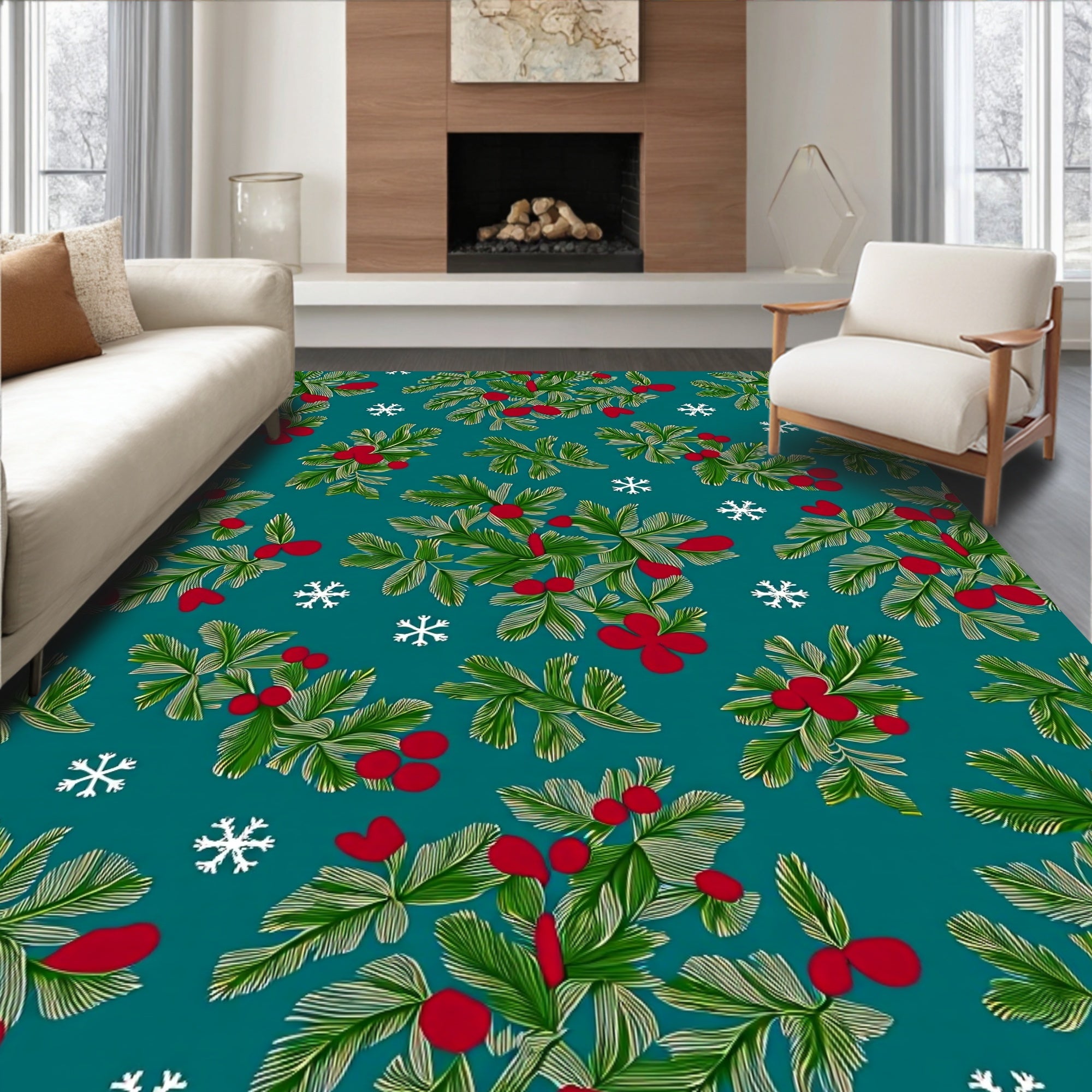 Festive Green Pine Branch Red Berry Pattern Rug