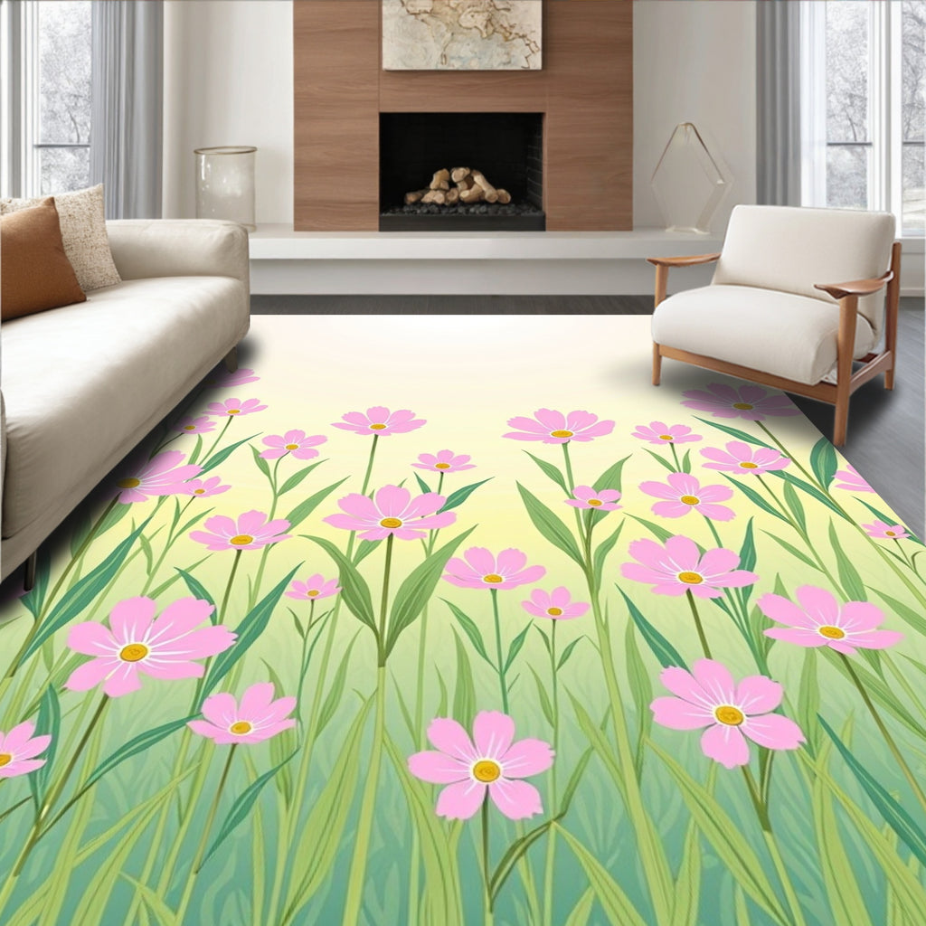 Pink Floral Field with Tall Grass design Rug