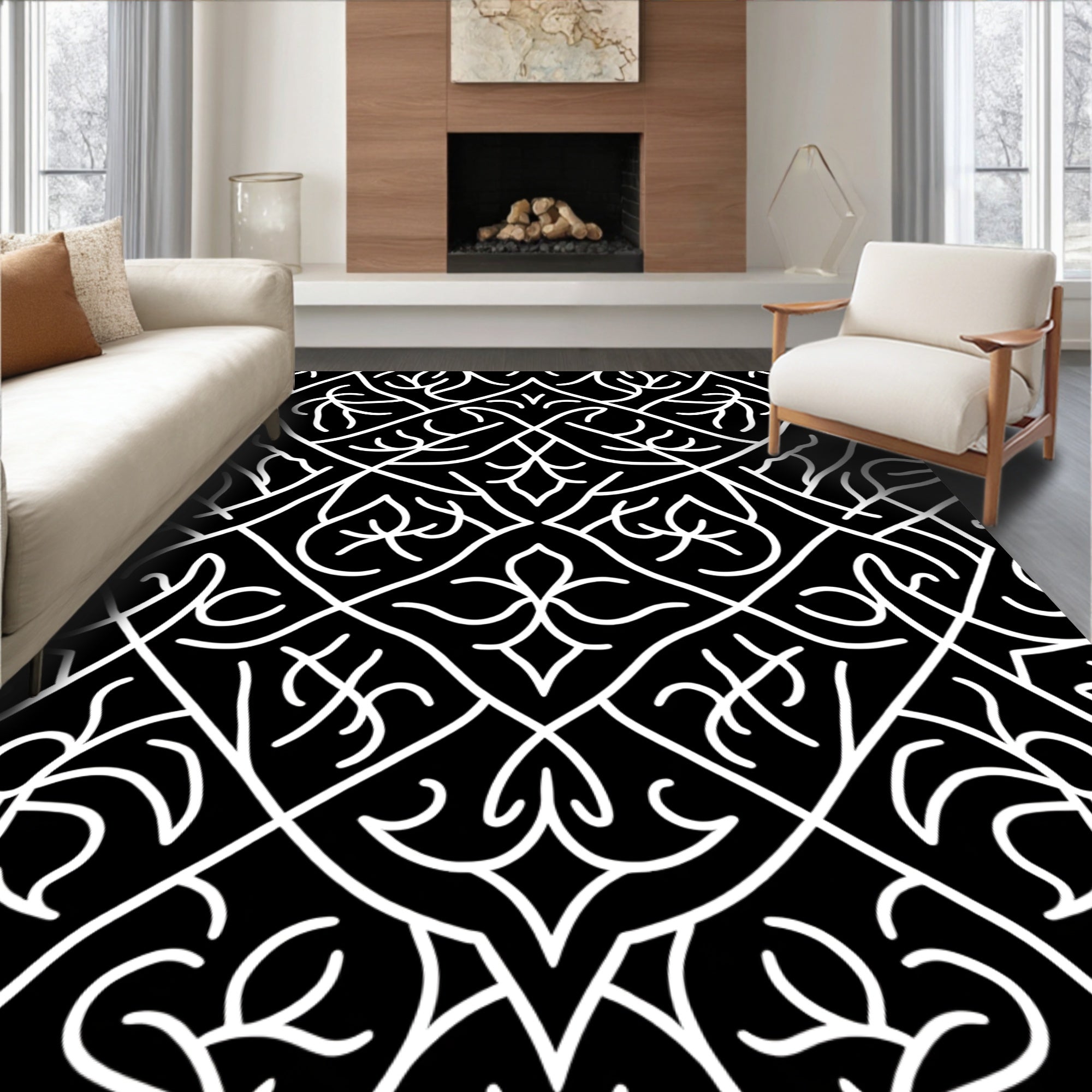 Intricate White Tribal Diamond Pattern Rug