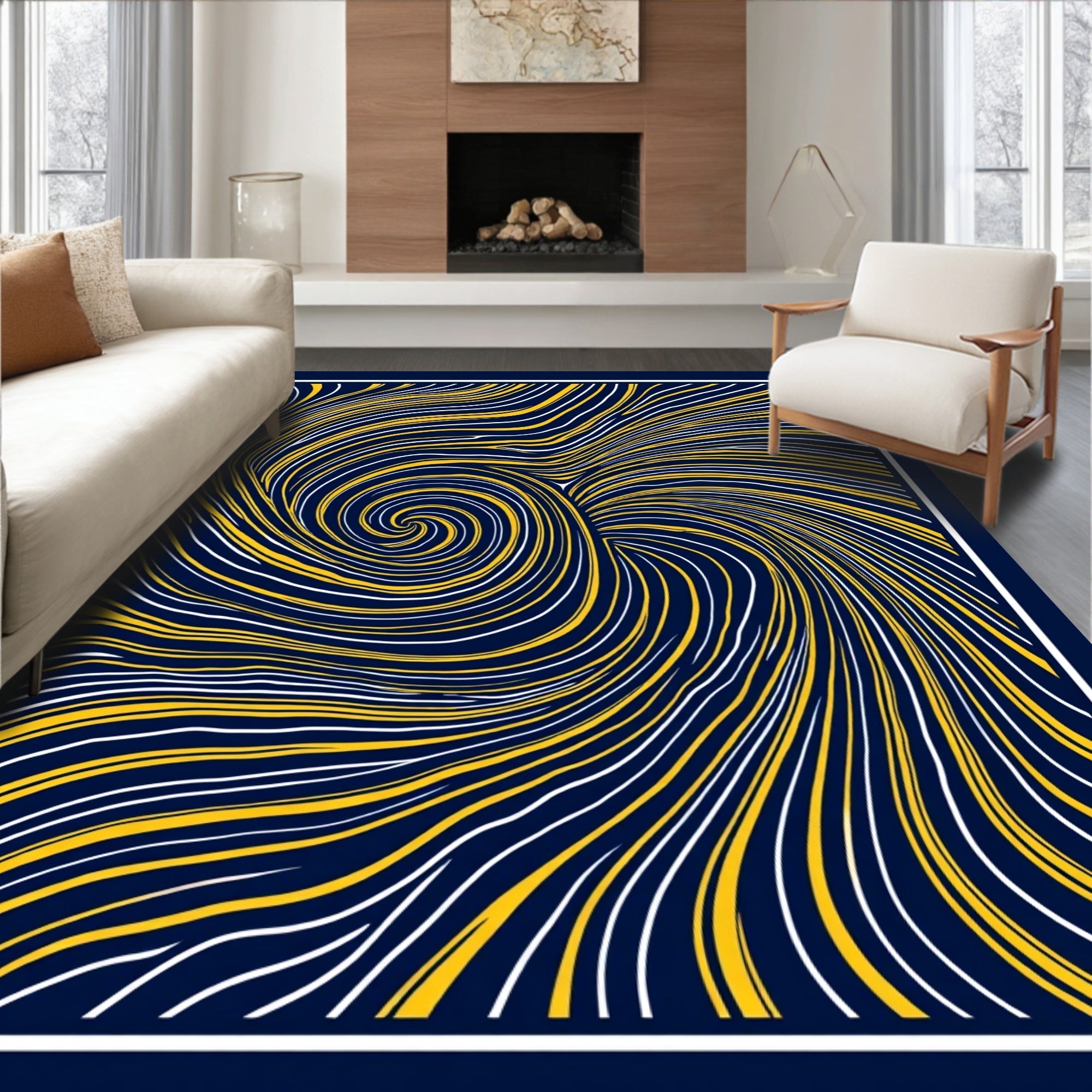 Swirling Blue Yellow White Abstract Pattern Rug