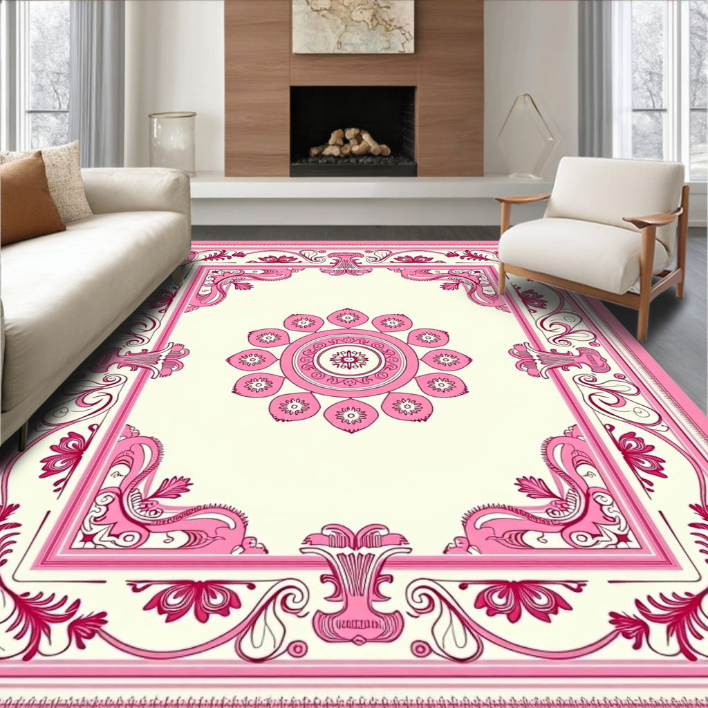 Pink Floral Medallion Border Rug