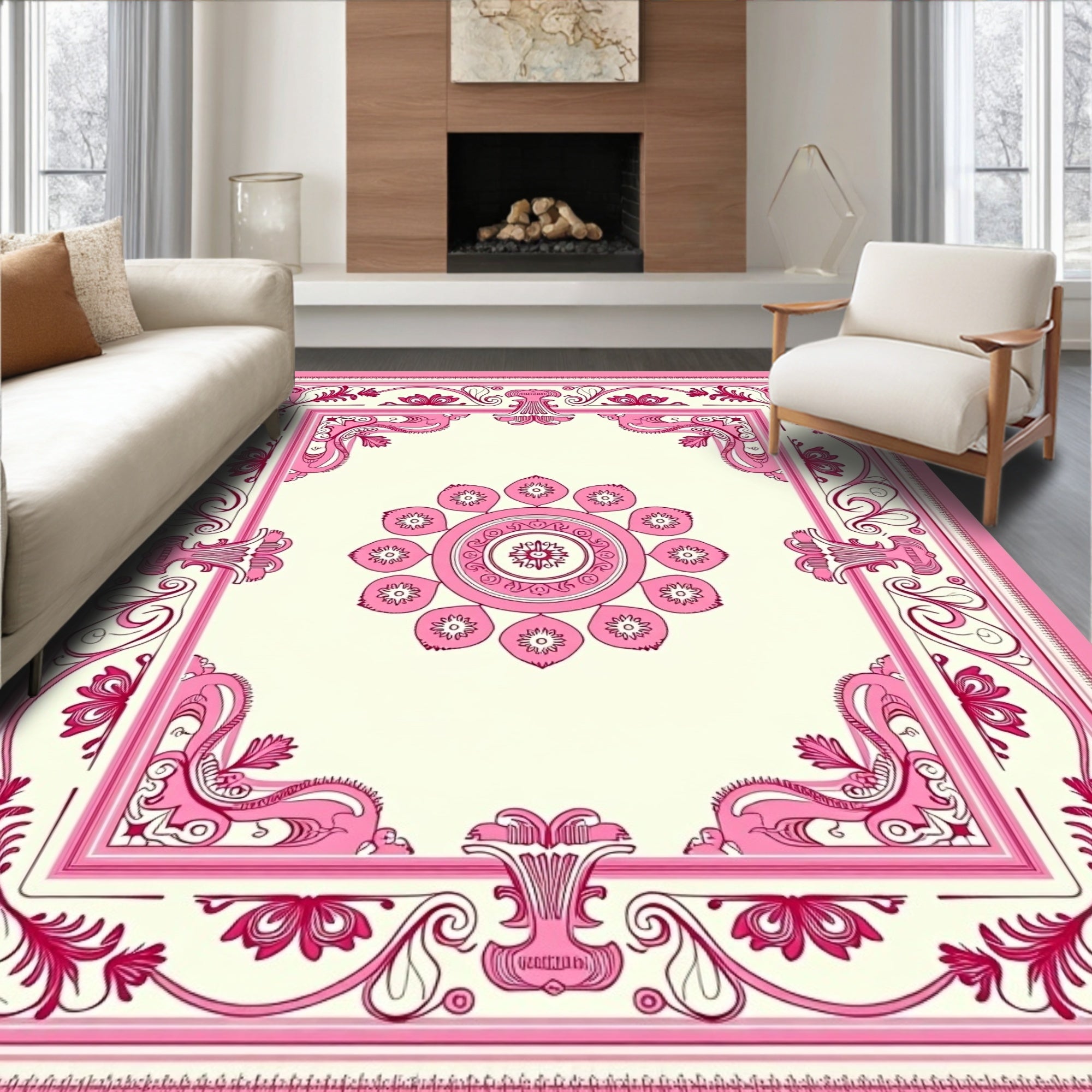 Pink Floral Medallion Border Rug