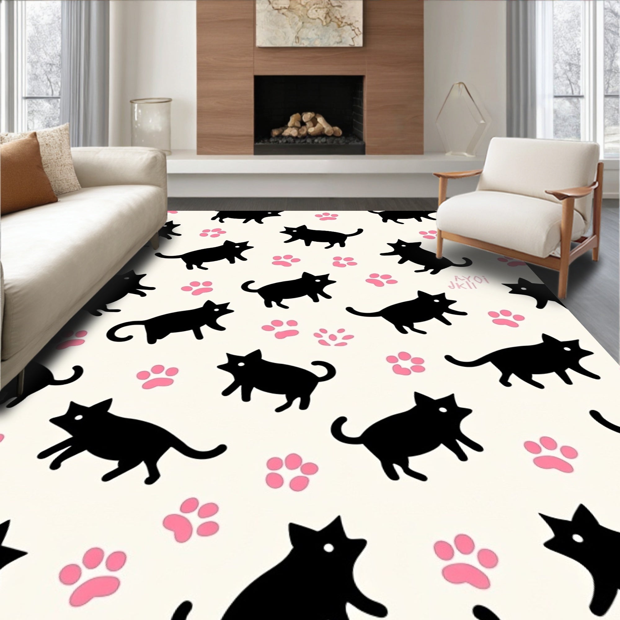 Playful Black Cats Paw Prints Pattern Rug