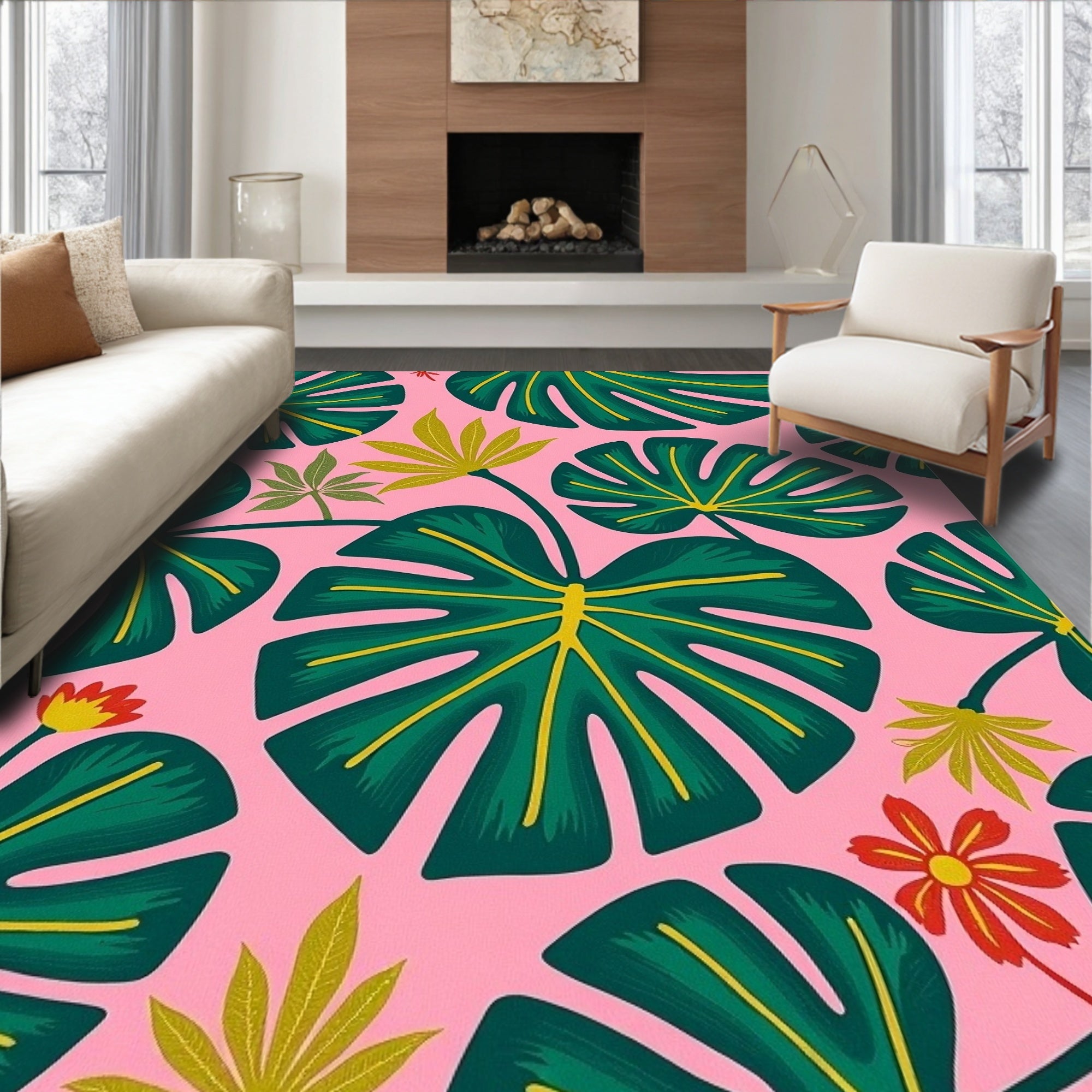 Vibrant Pink Green Tropical Foliage Rug