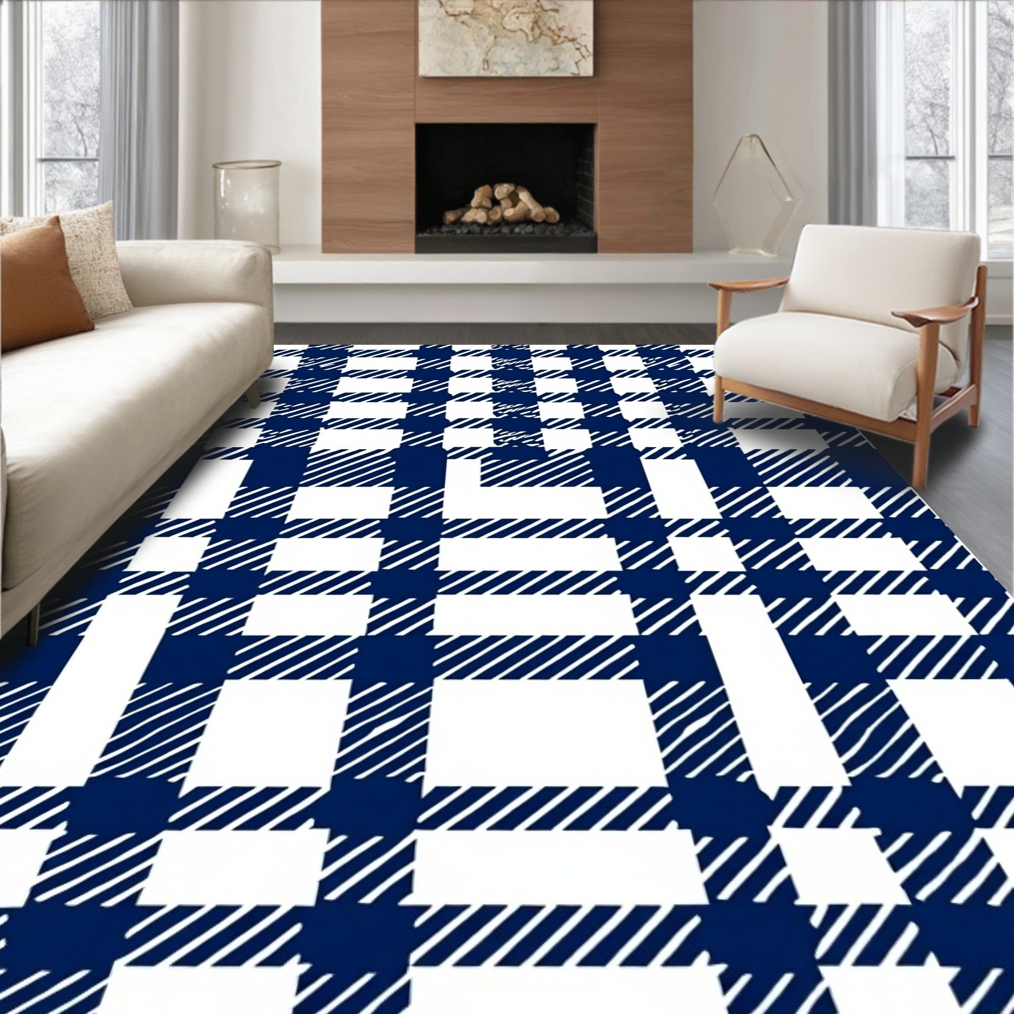 Classic Blue White Plaid Design Rug
