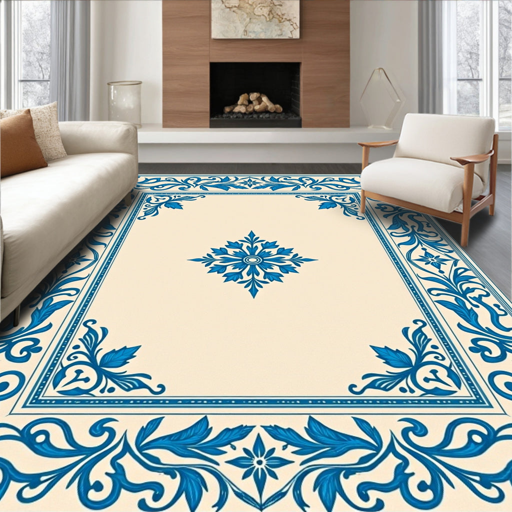 Classic Blue Floral Border Design Rug