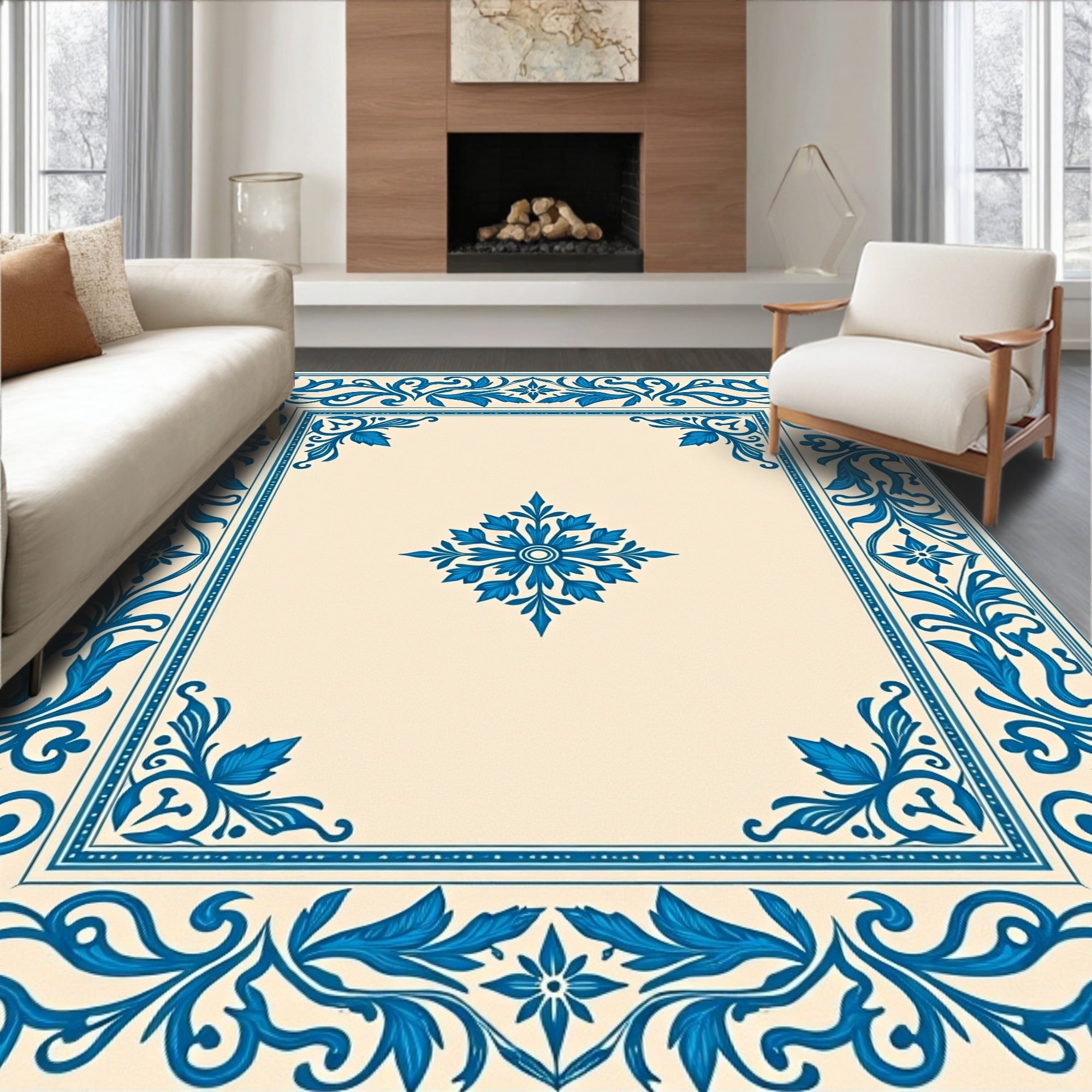 Classic Blue Floral Border Design Rug