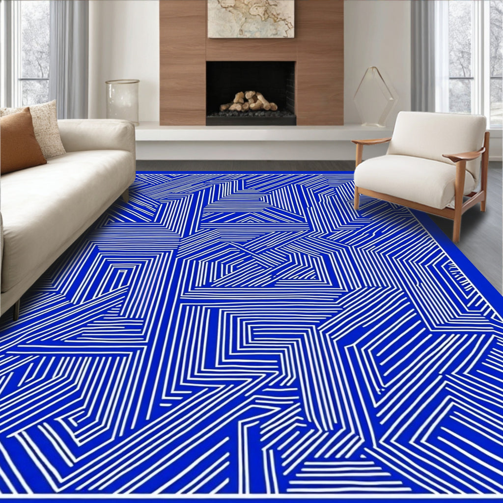 Bright Blue And White Abstract Design Rug