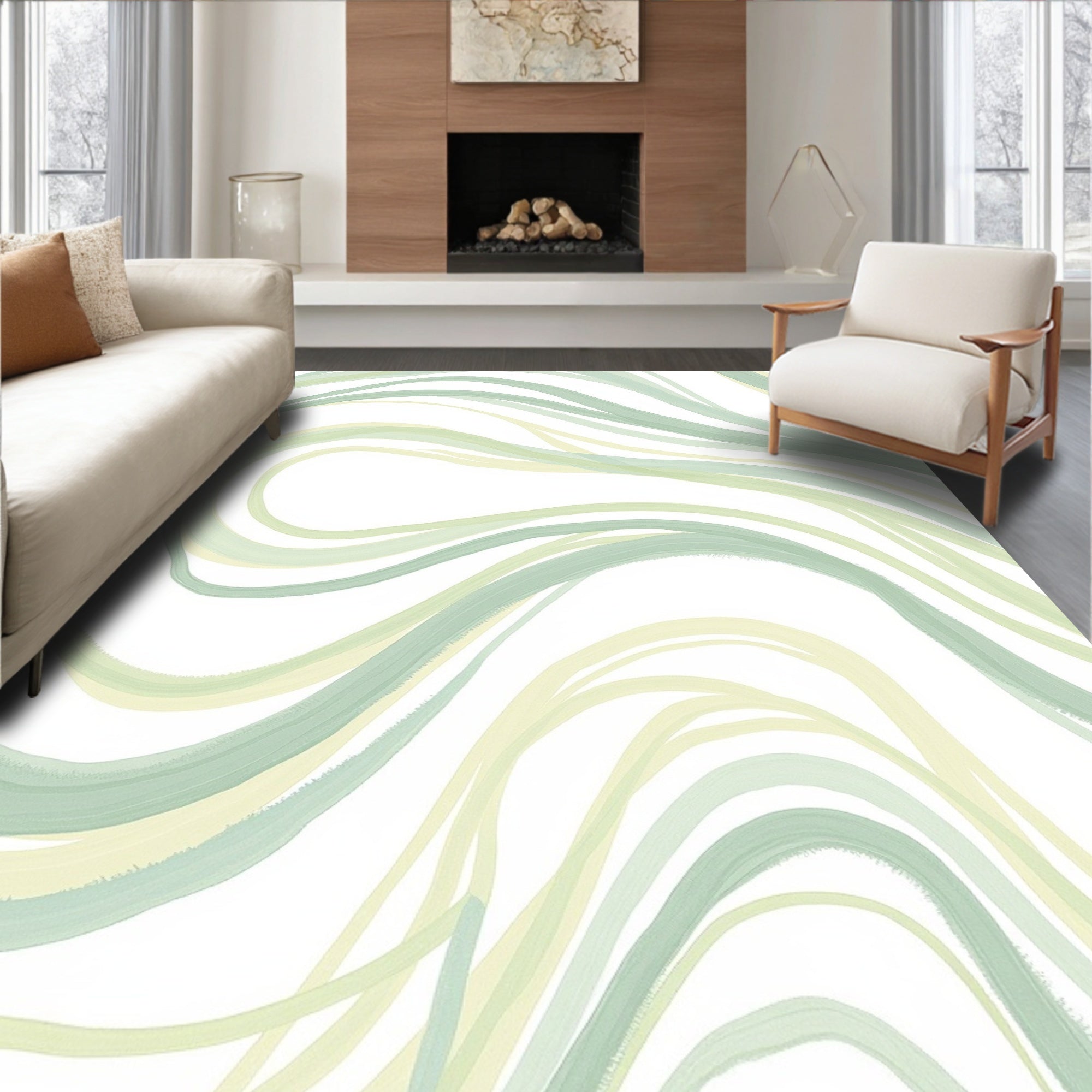 Soft Green Abstract Wavy Stripes Rug