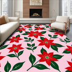 Red Poinsettia Floral Pink Background Rug