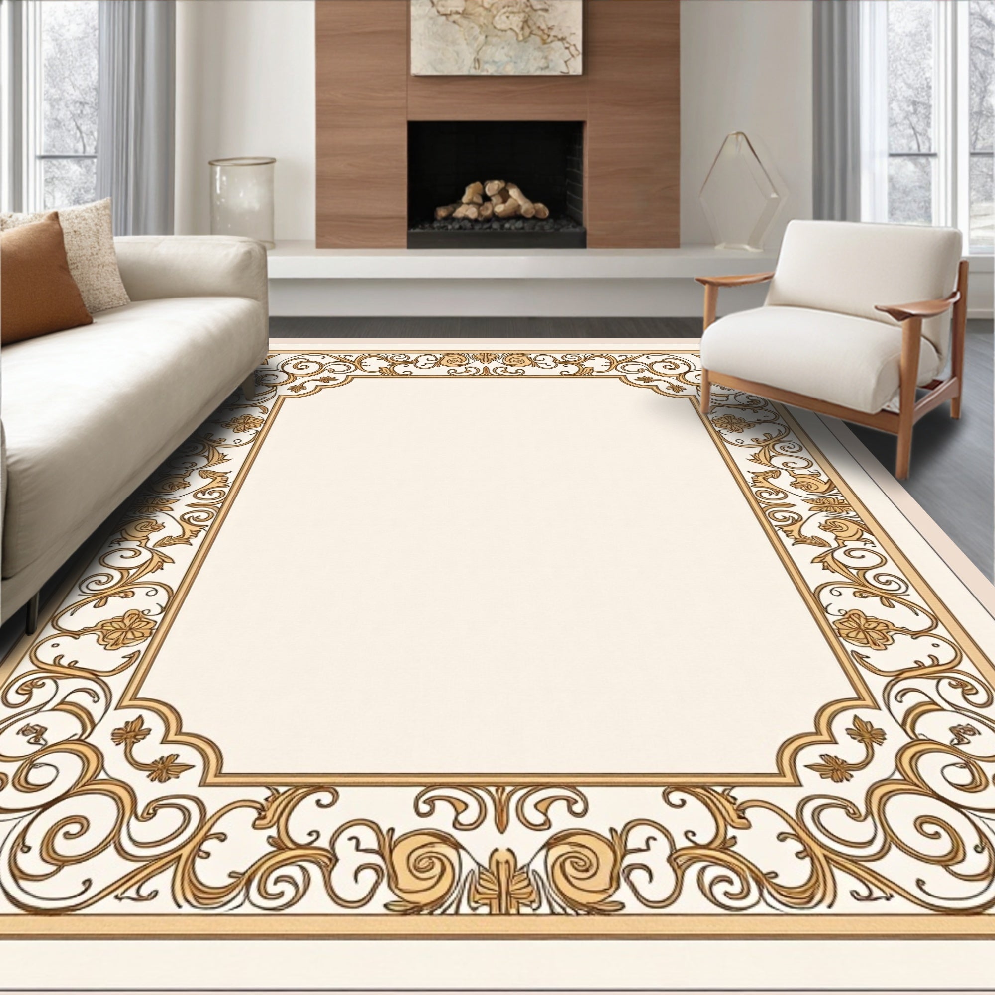 Ornate Gold Scrollwork Floral Border Rug