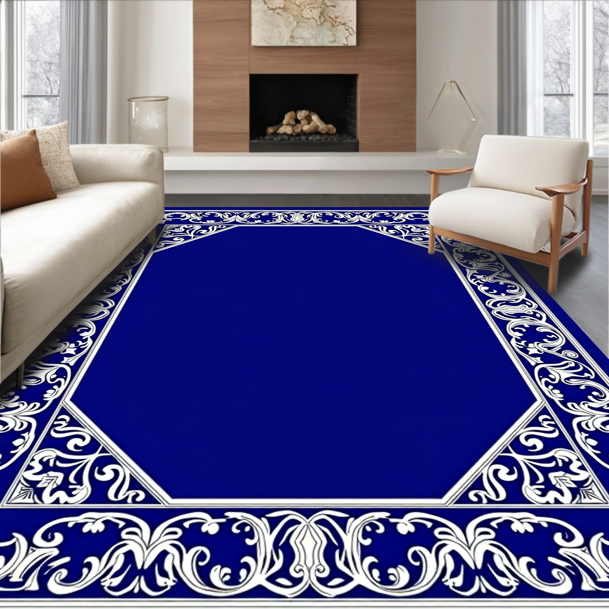 Elegant Blue White Floral Scroll Frame Rug