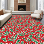 Vibrant Red Green Leafy Floral Pattern Rug