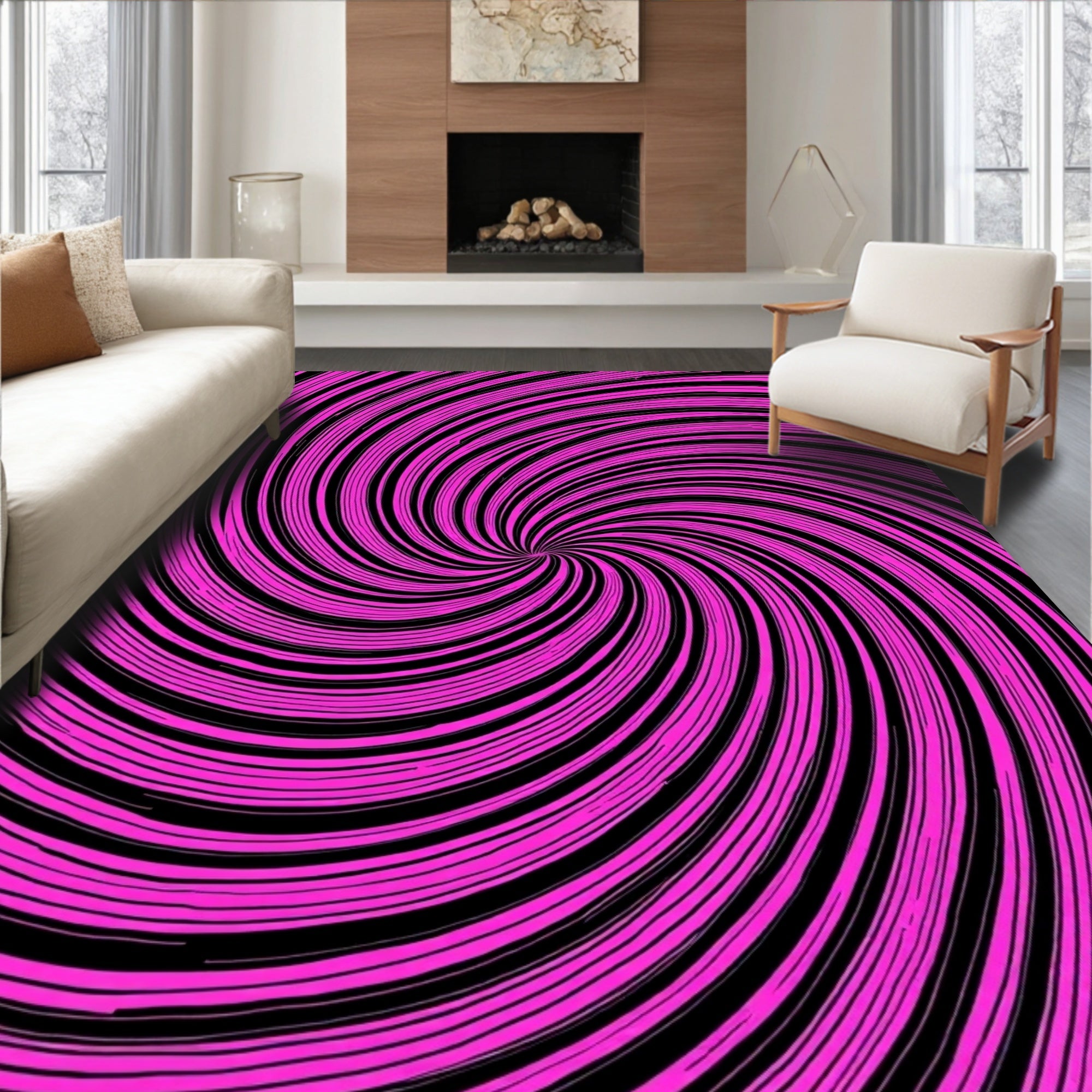 Vibrant Pink Black Swirl Pattern Rug