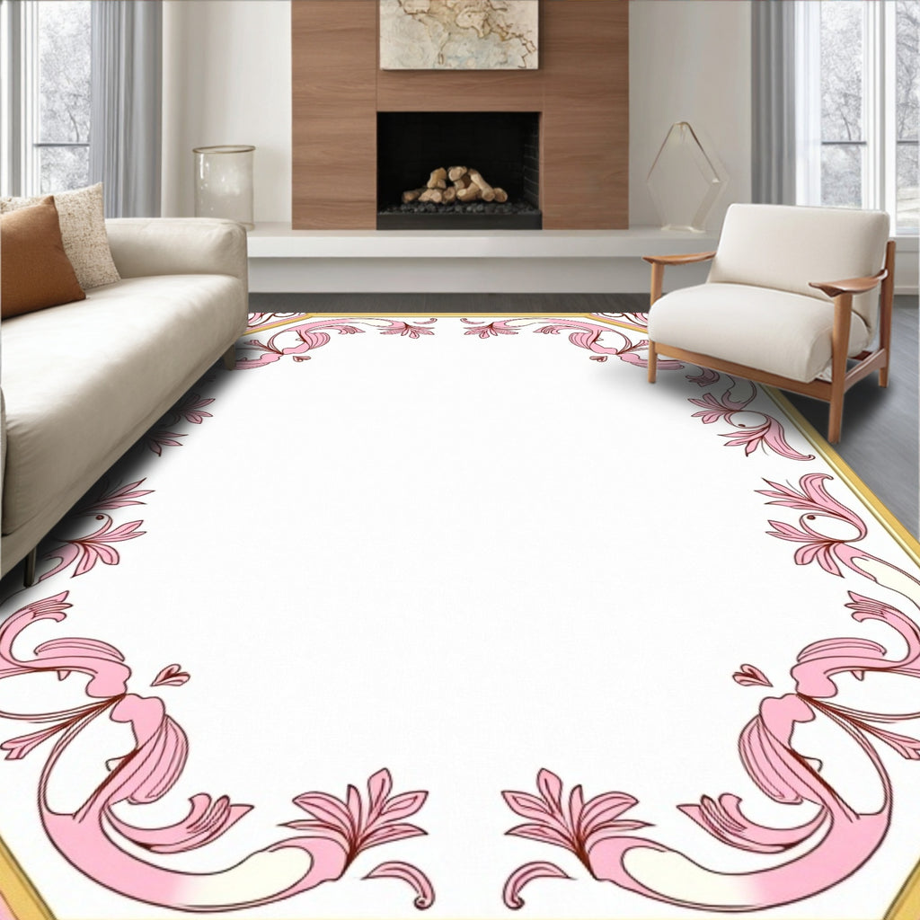 Ornate Pink Gold Floral Design Rug