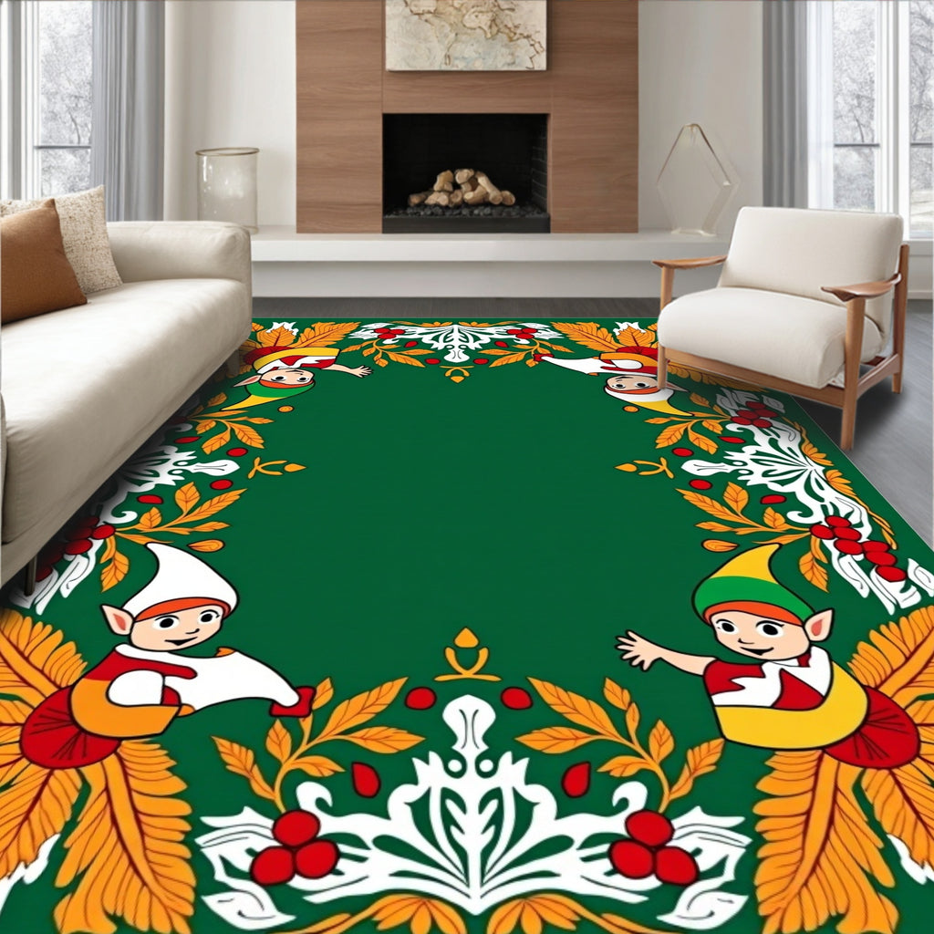 Whimsical Elf Floral Border Green Rug
