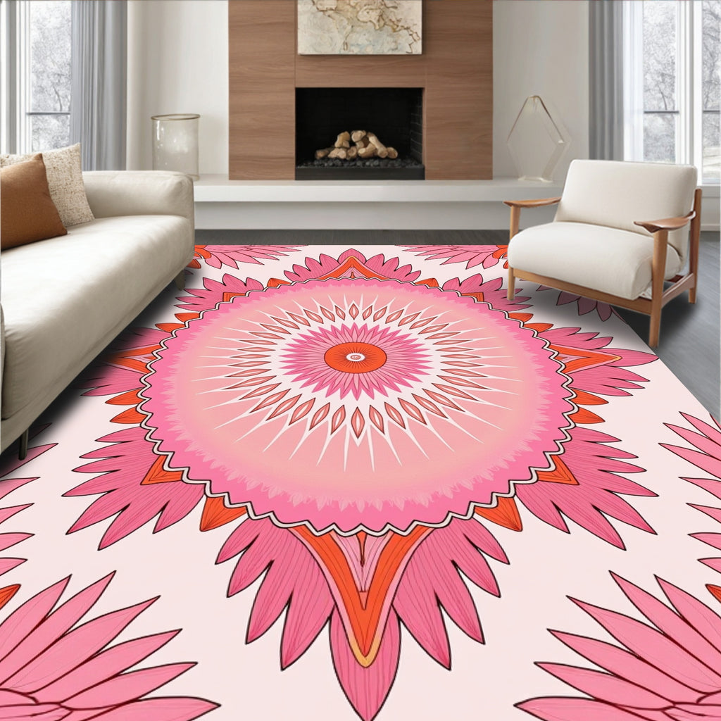 Radiant Pink Orange Floral Mandala Design Rug