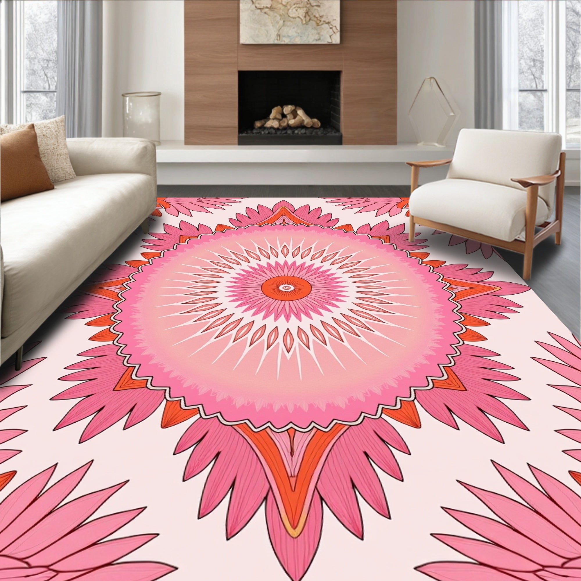 Radiant Pink Orange Floral Mandala Design Rug