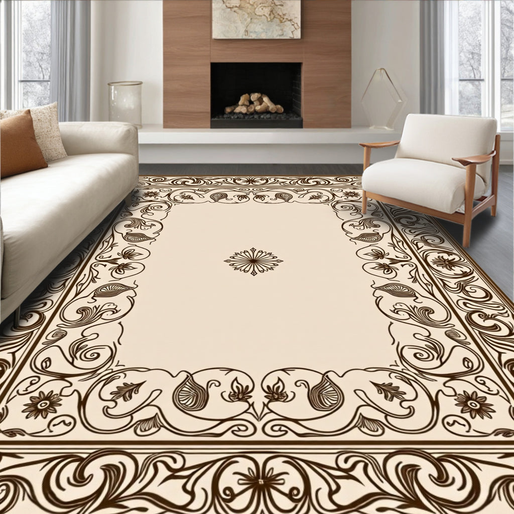 Ornate Floral Scroll Border Design Rug