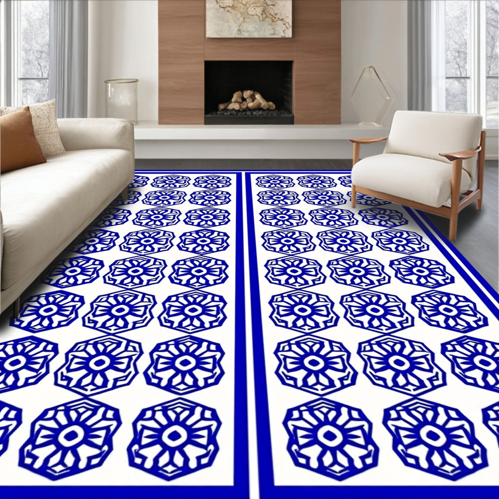 Blue Floral Geometric Pattern Rug