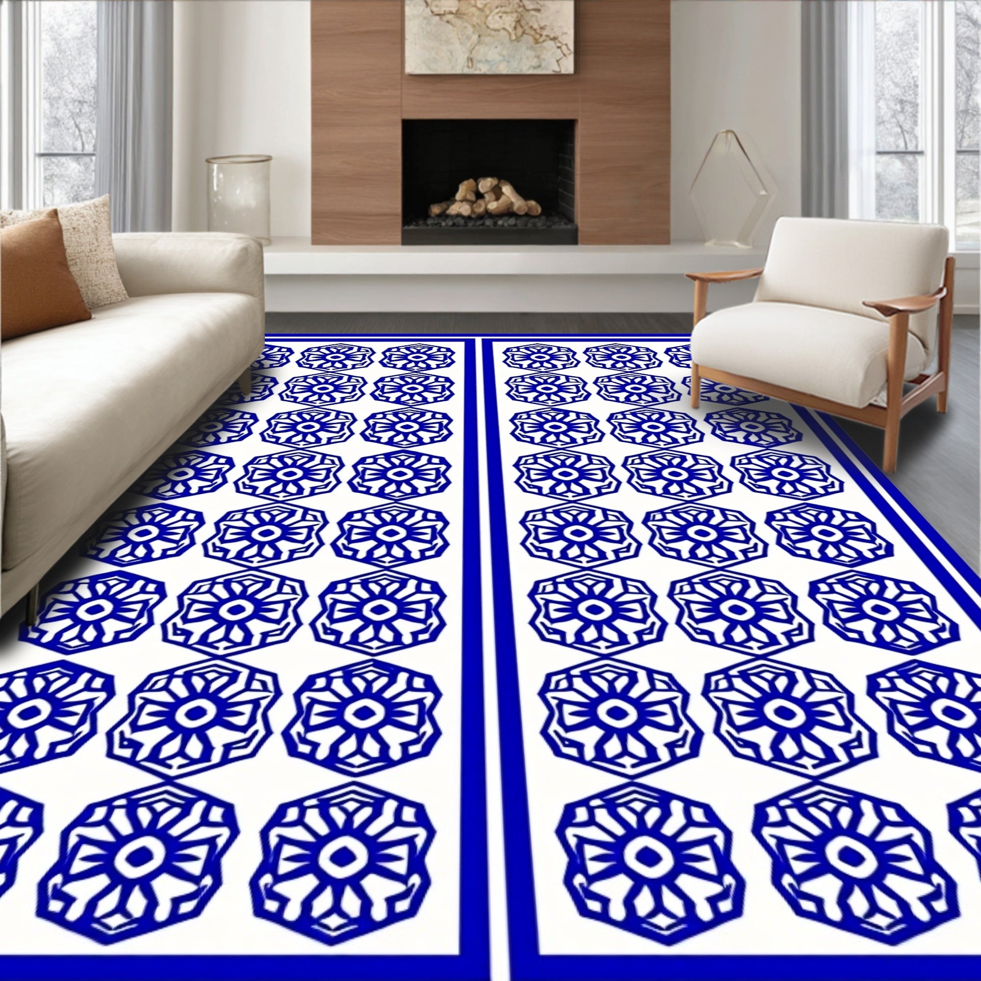 Blue Floral Geometric Pattern Rug