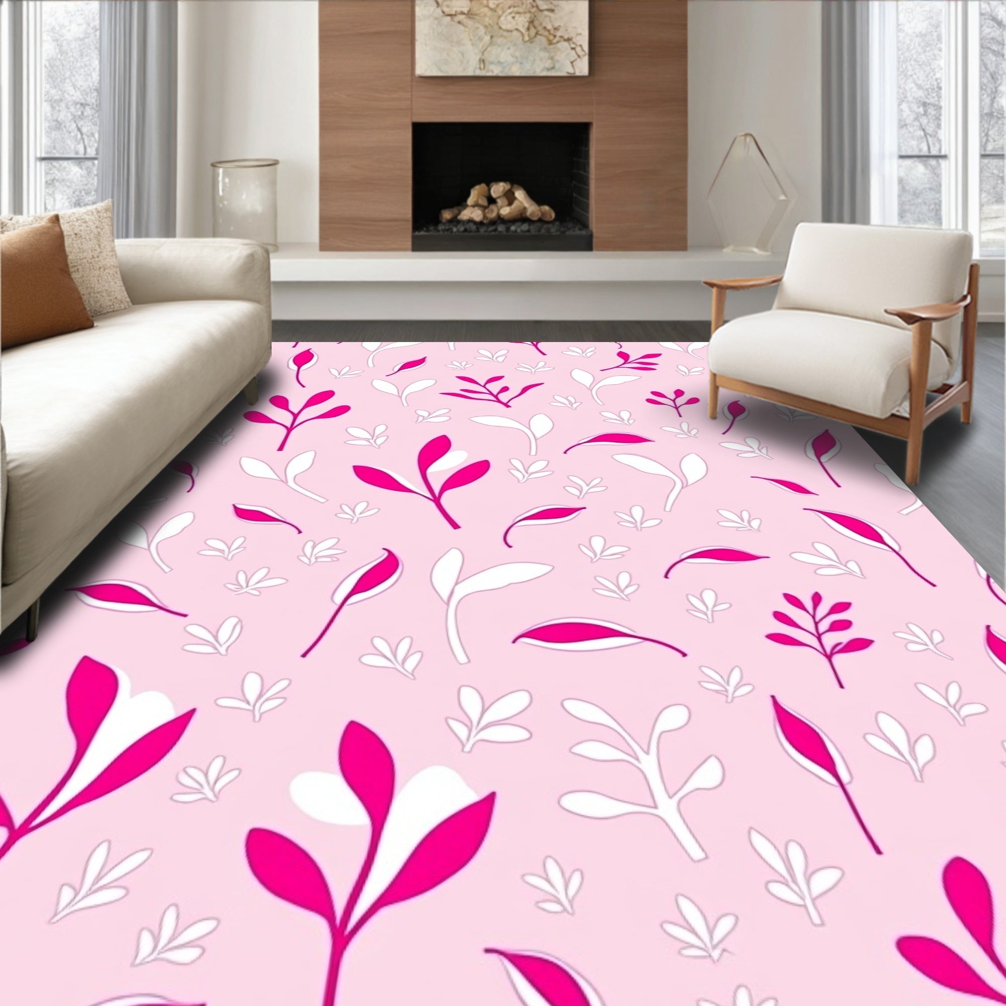 Pink and White Floral Pattern Rug